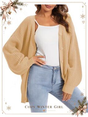 100% Cotton Button-Down Oversized Knit Cardigan Sweater Long Sleeve